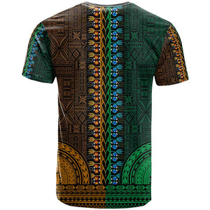 Green-gold Dashiki and Tapa Pattern T shirt Africa-Polynesia Together Culture