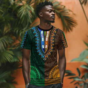 Green-gold Dashiki and Tapa Pattern T shirt Africa-Polynesia Together Culture