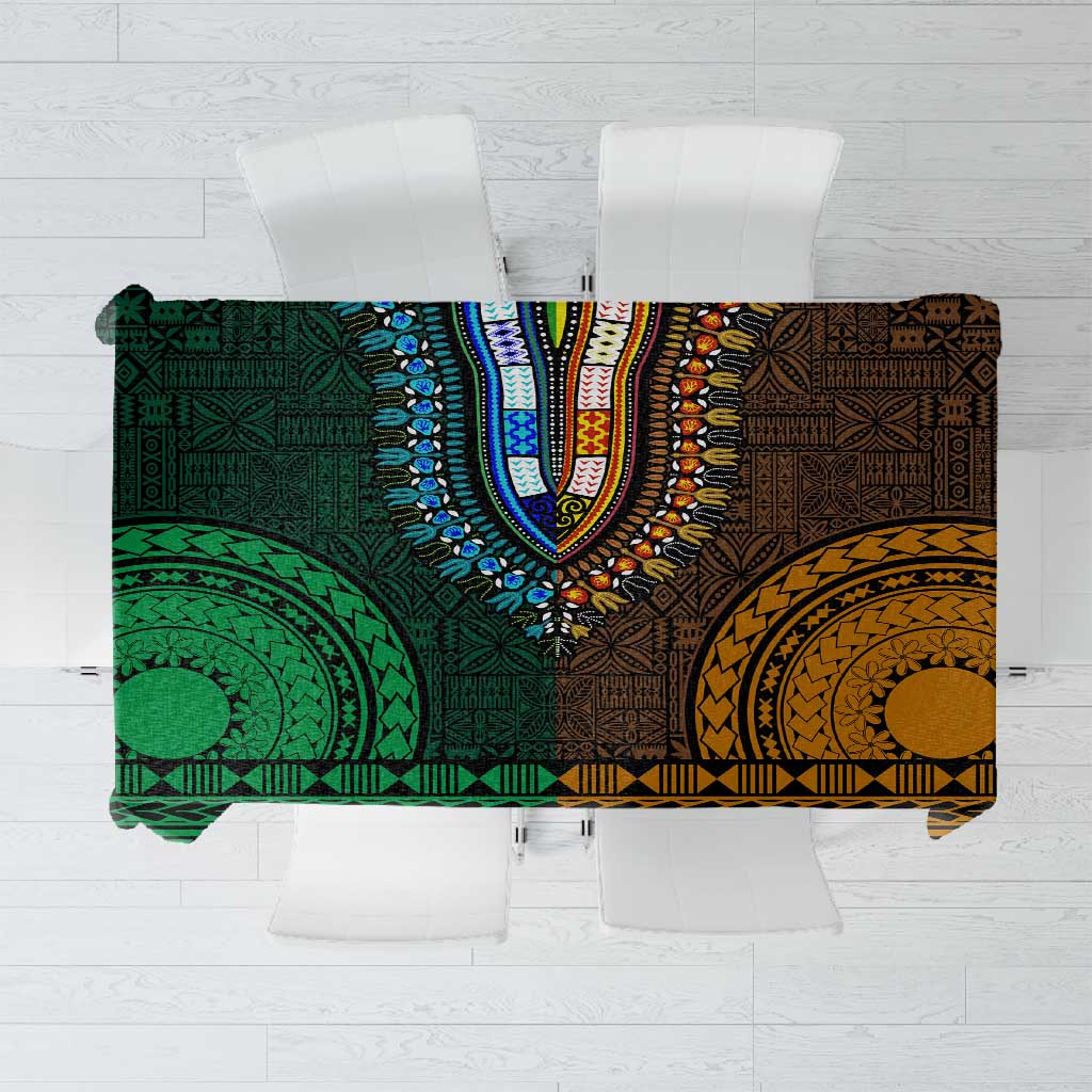 Green-gold Dashiki and Tapa Pattern Tablecloth Africa-Polynesia Together Culture