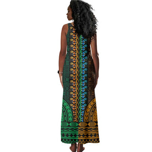 Green-gold Dashiki and Tapa Pattern Tank Maxi Dress Africa-Polynesia Together Culture