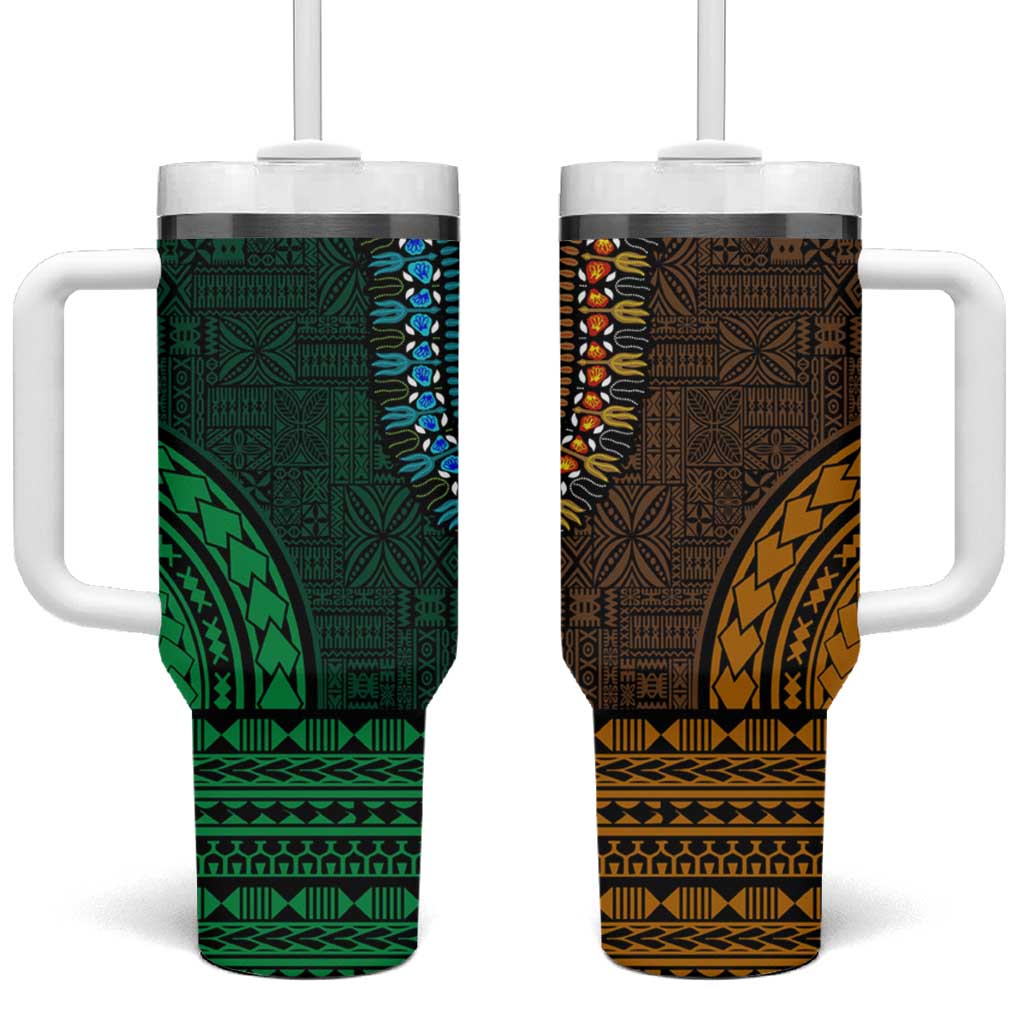 Green-gold Dashiki and Tapa Pattern Tumbler With Handle Africa-Polynesia Together Culture