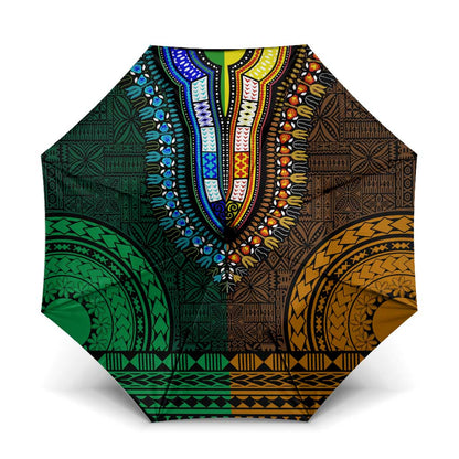 Green-gold Dashiki and Tapa Pattern Umbrella Africa-Polynesia Together Culture