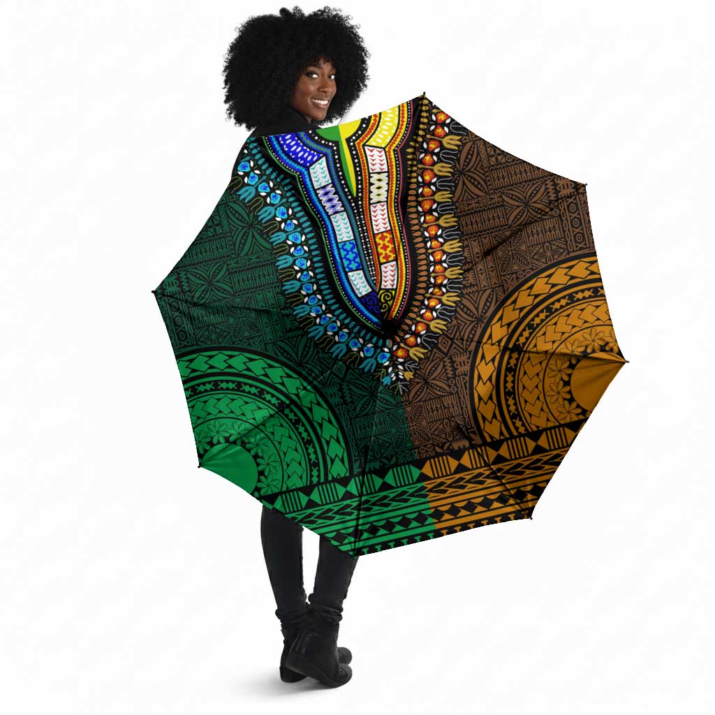 Green-gold Dashiki and Tapa Pattern Umbrella Africa-Polynesia Together Culture