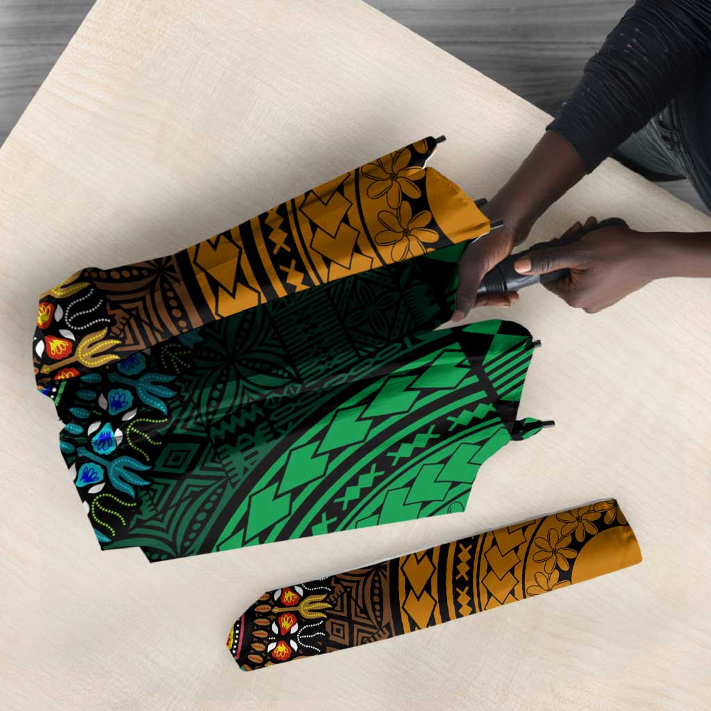 Green-gold Dashiki and Tapa Pattern Umbrella Africa-Polynesia Together Culture