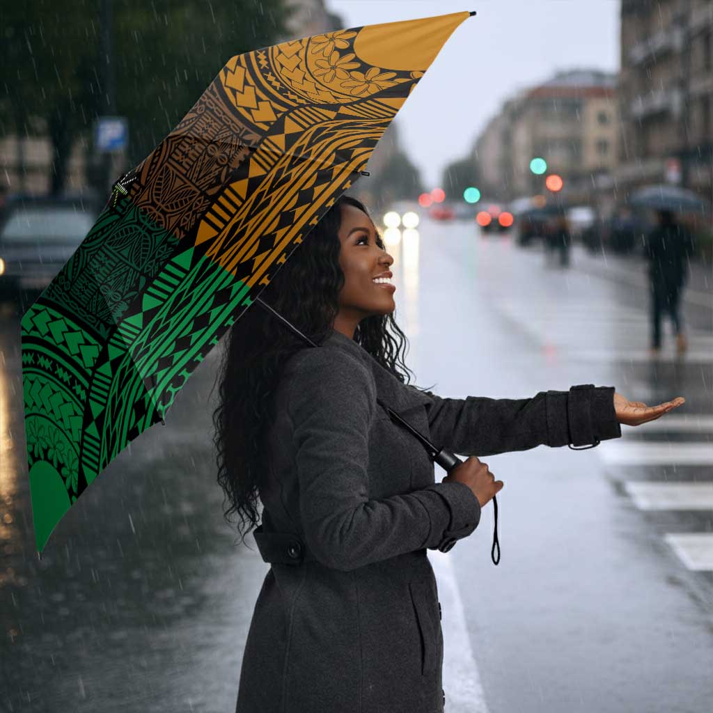 Green-gold Dashiki and Tapa Pattern Umbrella Africa-Polynesia Together Culture