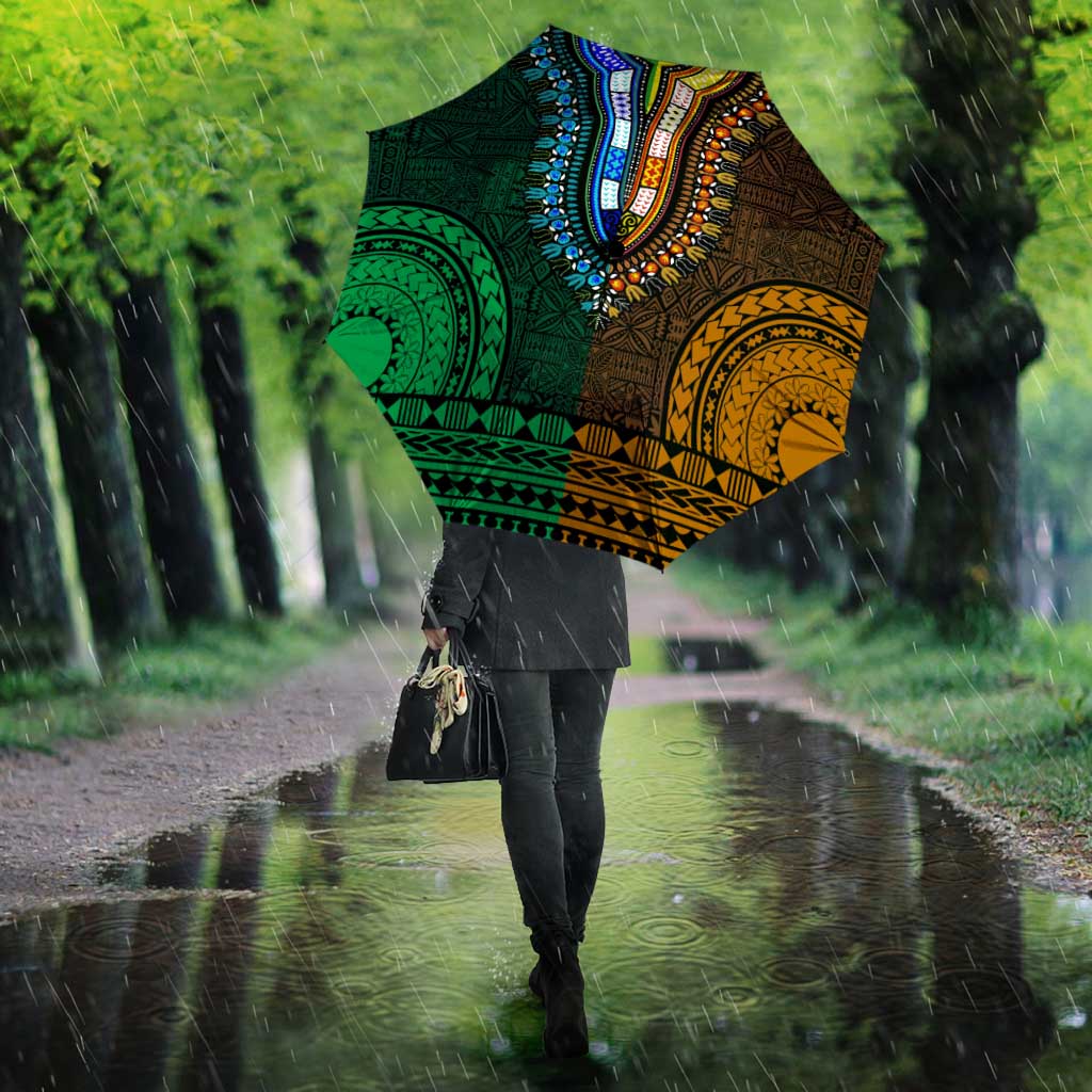 Green-gold Dashiki and Tapa Pattern Umbrella Africa-Polynesia Together Culture