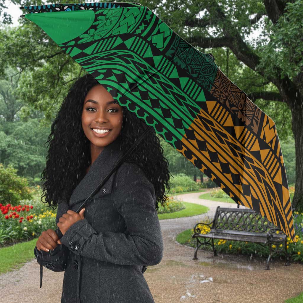 Green-gold Dashiki and Tapa Pattern Umbrella Africa-Polynesia Together Culture
