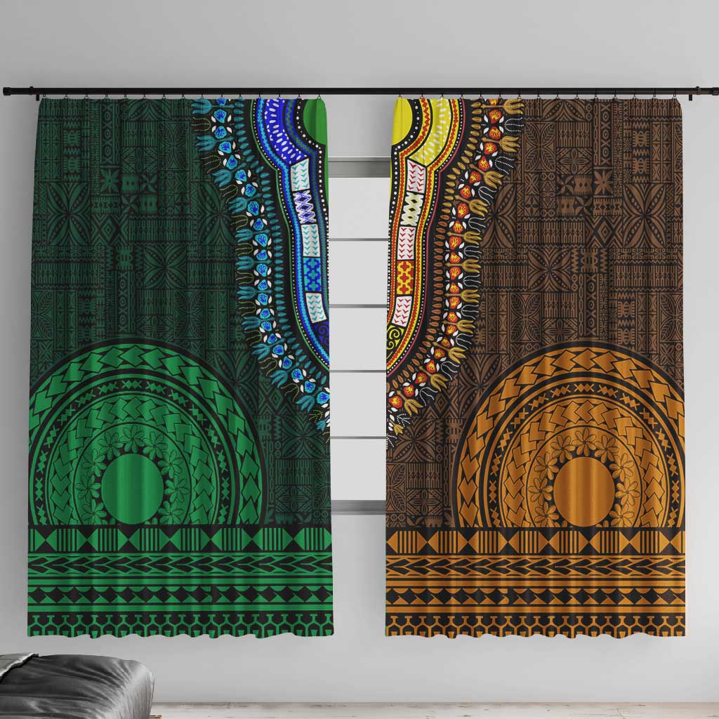 Green-gold Dashiki and Tapa Pattern Window Curtain Africa-Polynesia Together Culture