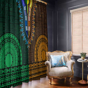 Green-gold Dashiki and Tapa Pattern Window Curtain Africa-Polynesia Together Culture