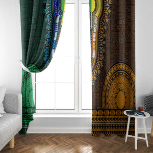 Green-gold Dashiki and Tapa Pattern Window Curtain Africa-Polynesia Together Culture