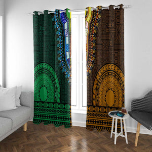 Green-gold Dashiki and Tapa Pattern Window Curtain Africa-Polynesia Together Culture