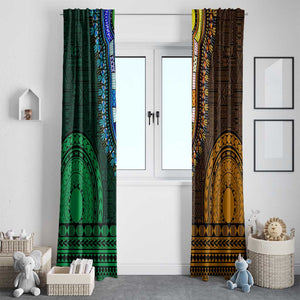 Green-gold Dashiki and Tapa Pattern Window Curtain Africa-Polynesia Together Culture