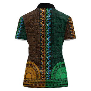 Green-gold Dashiki and Tapa Pattern Women Polo Shirt Africa-Polynesia Together Culture