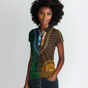 Green-gold Dashiki and Tapa Pattern Women Polo Shirt Africa-Polynesia Together Culture