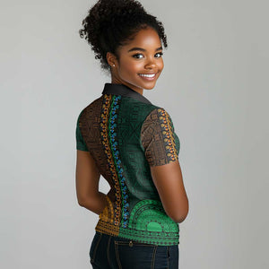 Green-gold Dashiki and Tapa Pattern Women Polo Shirt Africa-Polynesia Together Culture