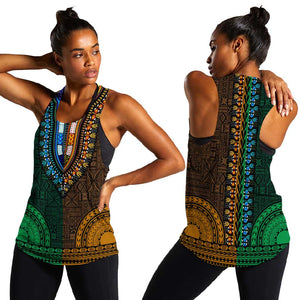 Green-gold Dashiki and Tapa Pattern Women Racerback Tank Africa-Polynesia Together Culture