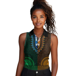 Green-gold Dashiki and Tapa Pattern Women Sleeveless Polo Shirt Africa-Polynesia Together Culture