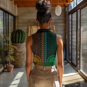 Green-gold Dashiki and Tapa Pattern Women Sleeveless Polo Shirt Africa-Polynesia Together Culture