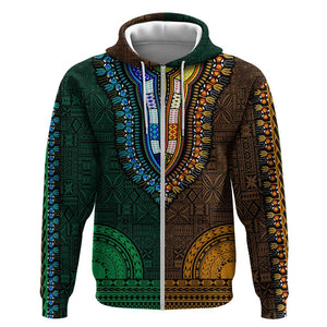 Green-gold Dashiki and Tapa Pattern Zip Hoodie Africa-Polynesia Together Culture