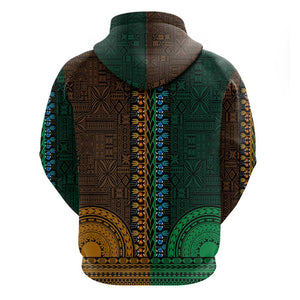 Green-gold Dashiki and Tapa Pattern Zip Hoodie Africa-Polynesia Together Culture