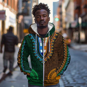 Green-gold Dashiki and Tapa Pattern Zip Hoodie Africa-Polynesia Together Culture