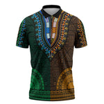 Green-gold Dashiki and Tapa Pattern Zipper Polo Shirt Africa-Polynesia Together Culture