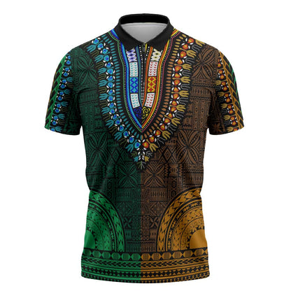 Green-gold Dashiki and Tapa Pattern Zipper Polo Shirt Africa-Polynesia Together Culture