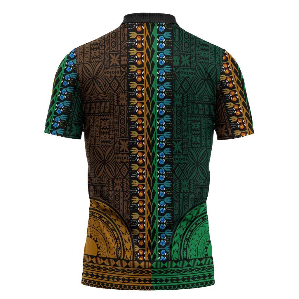 Green-gold Dashiki and Tapa Pattern Zipper Polo Shirt Africa-Polynesia Together Culture