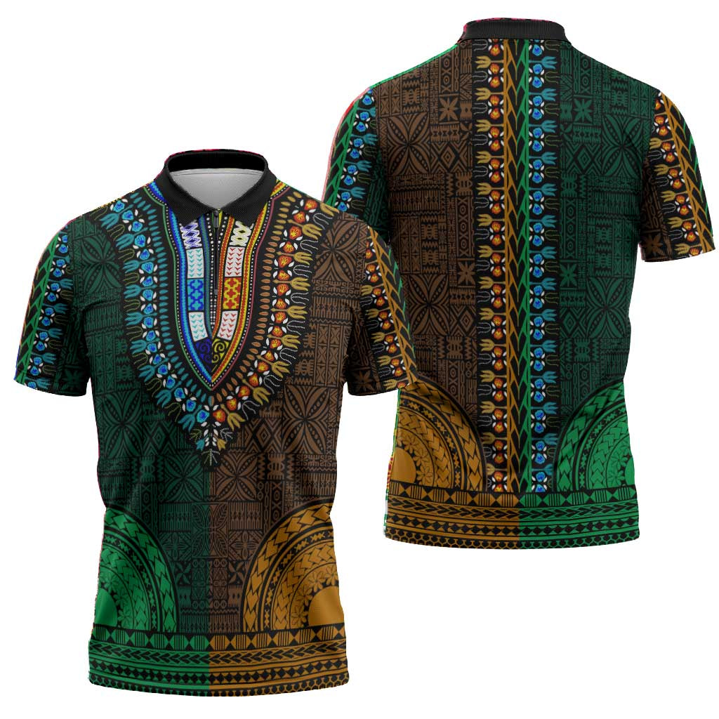 Green-gold Dashiki and Tapa Pattern Zipper Polo Shirt Africa-Polynesia Together Culture
