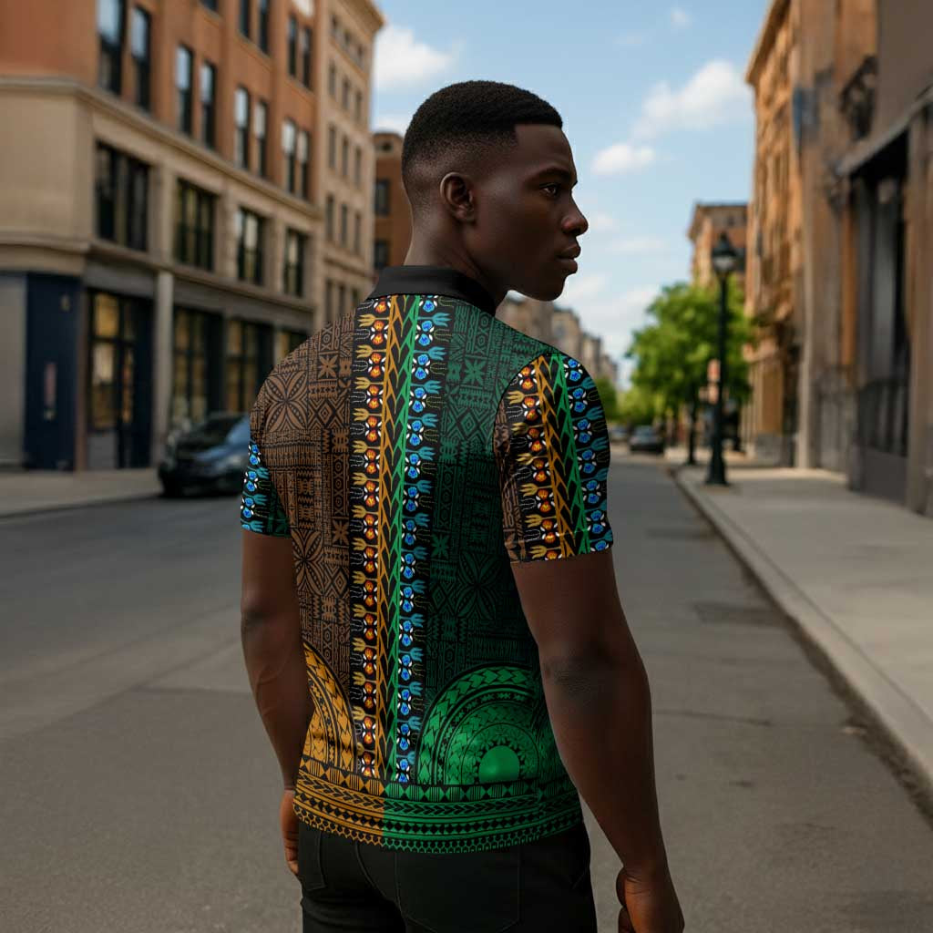 Green-gold Dashiki and Tapa Pattern Zipper Polo Shirt Africa-Polynesia Together Culture