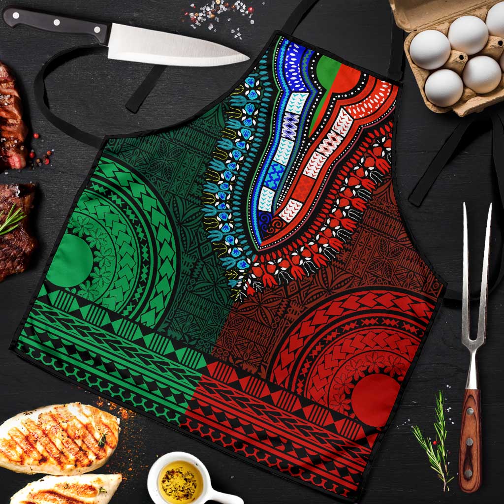 Green-red Dashiki and Tapa Pattern Apron Africa-Polynesia Together Culture