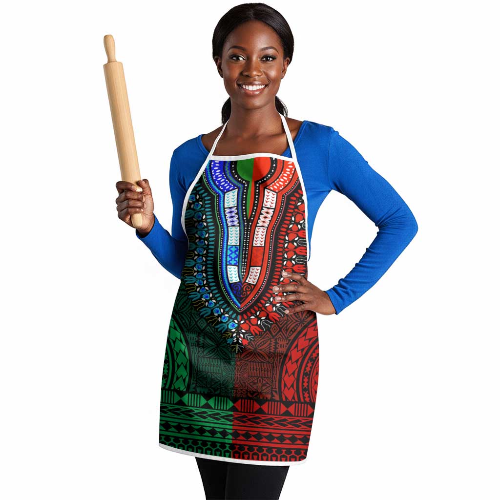 Green-red Dashiki and Tapa Pattern Apron Africa-Polynesia Together Culture