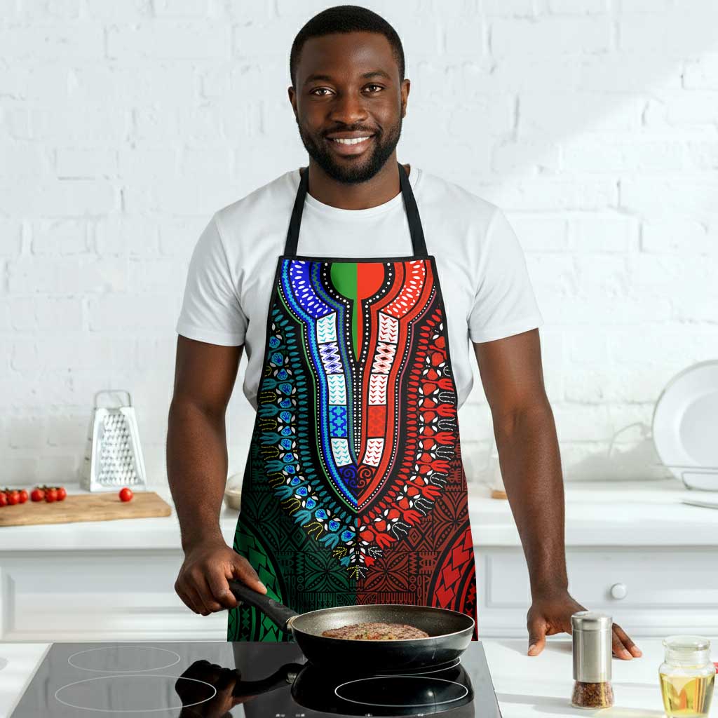 Green-red Dashiki and Tapa Pattern Apron Africa-Polynesia Together Culture