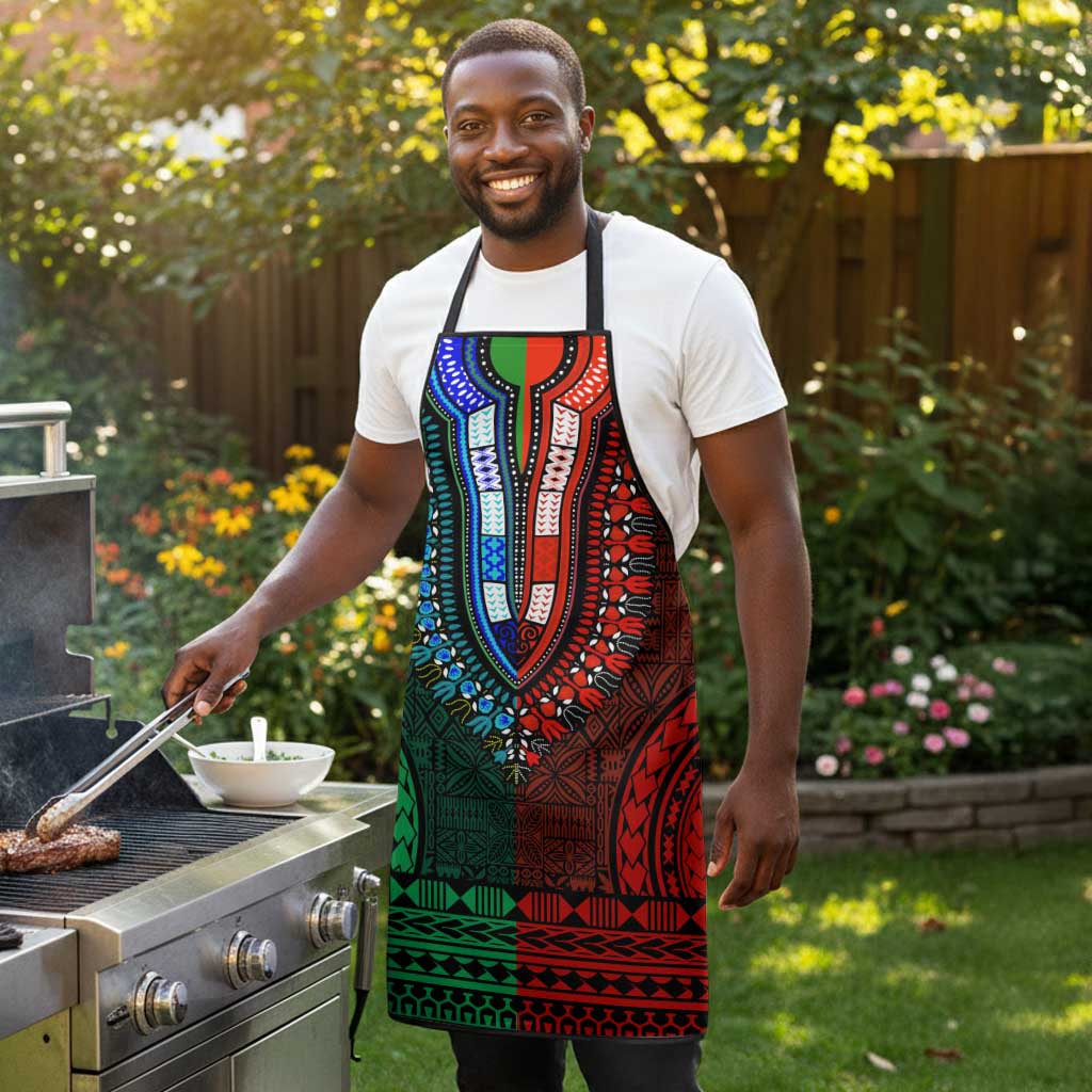 Green-red Dashiki and Tapa Pattern Apron Africa-Polynesia Together Culture