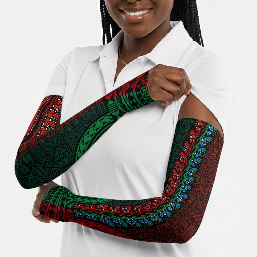 Green-red Dashiki and Tapa Pattern Arm Sleeves Africa-Polynesia Together Culture