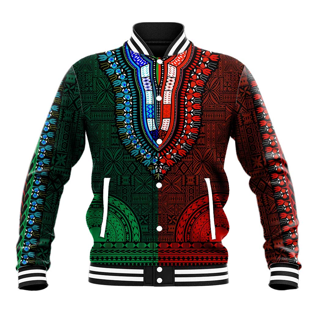 Green-red Dashiki and Tapa Pattern Baseball Jacket Africa-Polynesia Together Culture