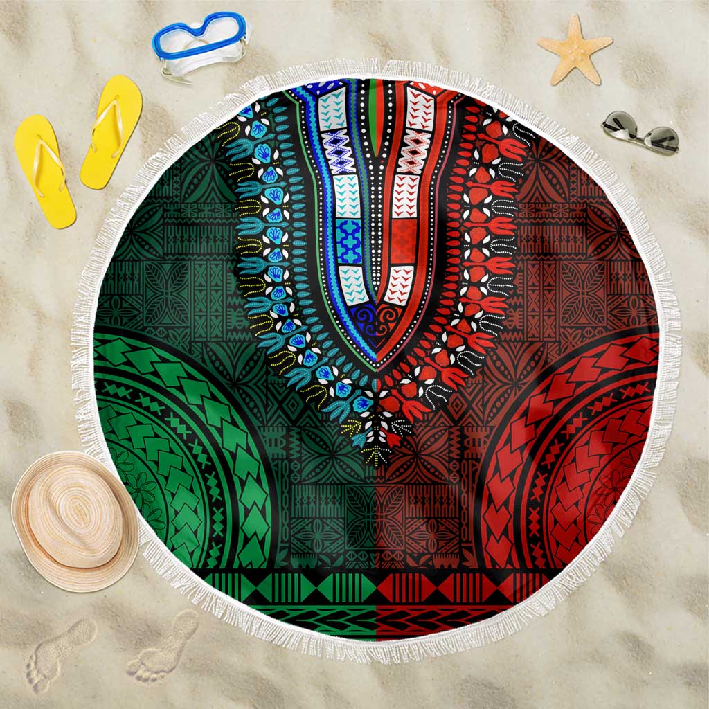 Green-red Dashiki and Tapa Pattern Beach Blanket Africa-Polynesia Together Culture