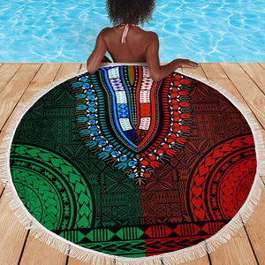 Green-red Dashiki and Tapa Pattern Beach Blanket Africa-Polynesia Together Culture