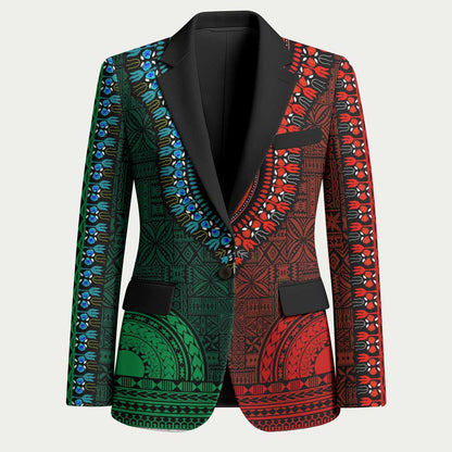 Green-red Dashiki and Tapa Pattern Blazer Africa-Polynesia Together Culture