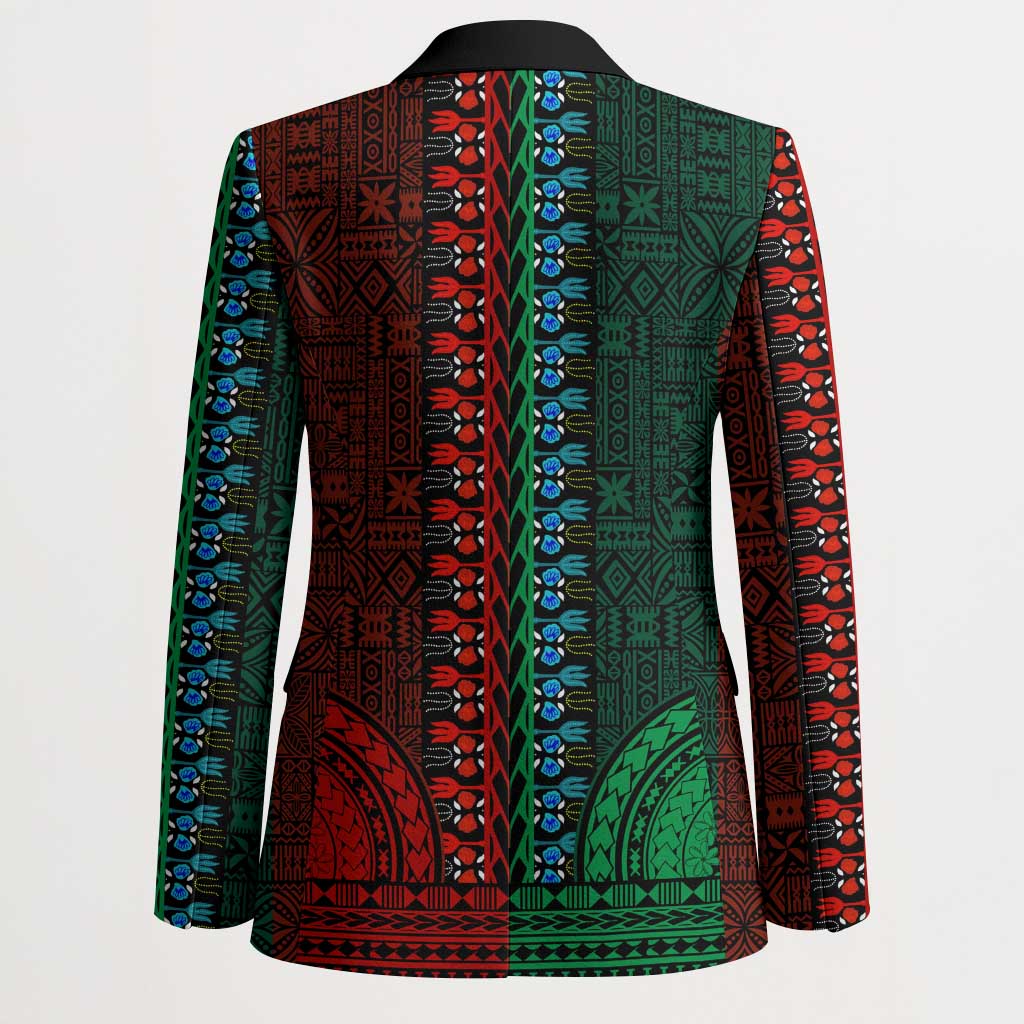 Green-red Dashiki and Tapa Pattern Blazer Africa-Polynesia Together Culture