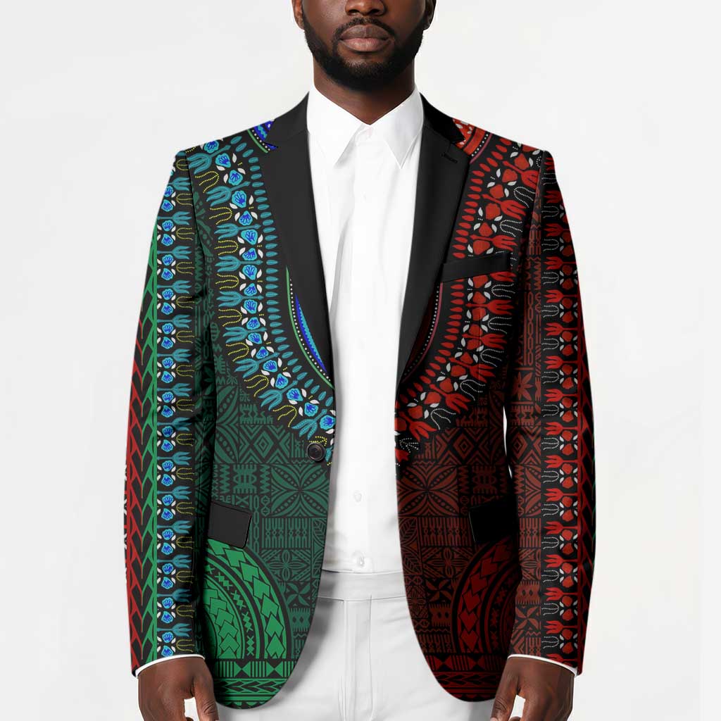 Green-red Dashiki and Tapa Pattern Blazer Africa-Polynesia Together Culture
