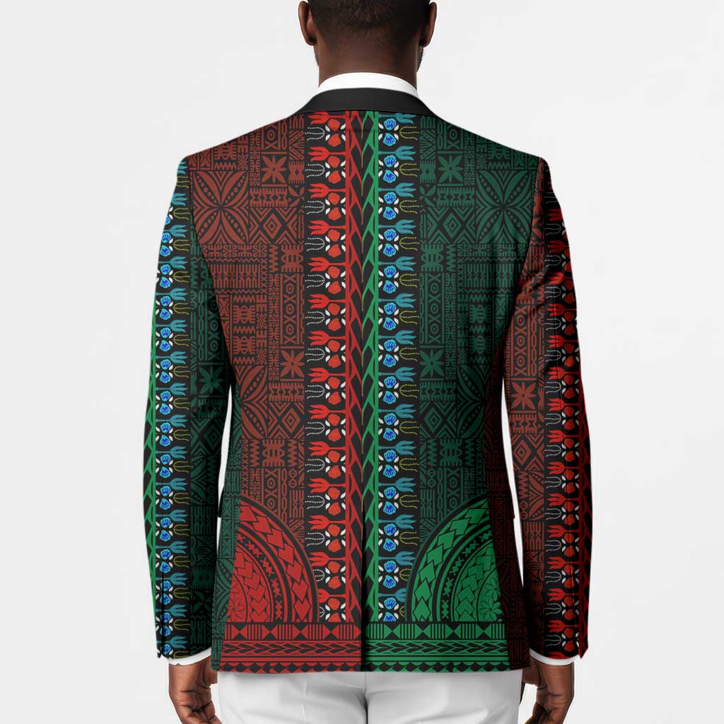 Green-red Dashiki and Tapa Pattern Blazer Africa-Polynesia Together Culture