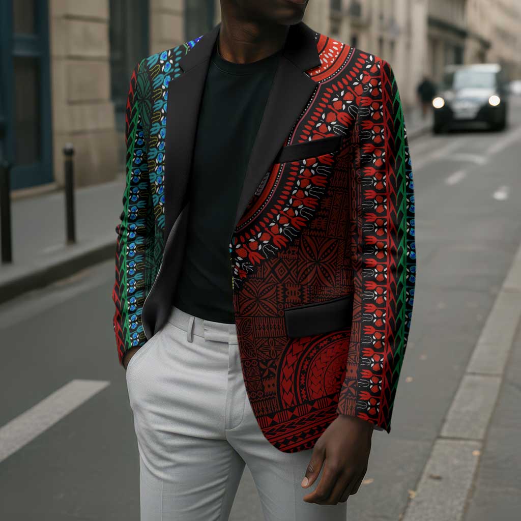 Green-red Dashiki and Tapa Pattern Blazer Africa-Polynesia Together Culture