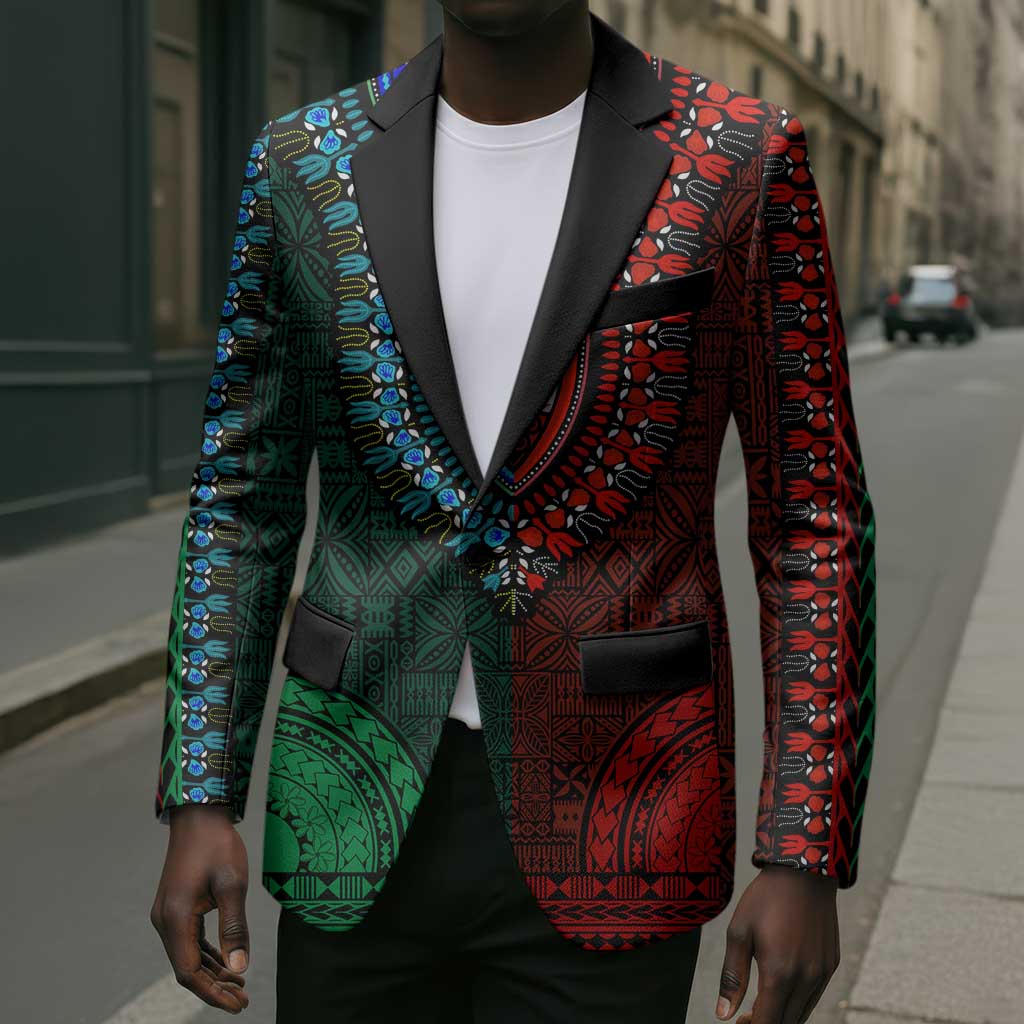 Green-red Dashiki and Tapa Pattern Blazer Africa-Polynesia Together Culture