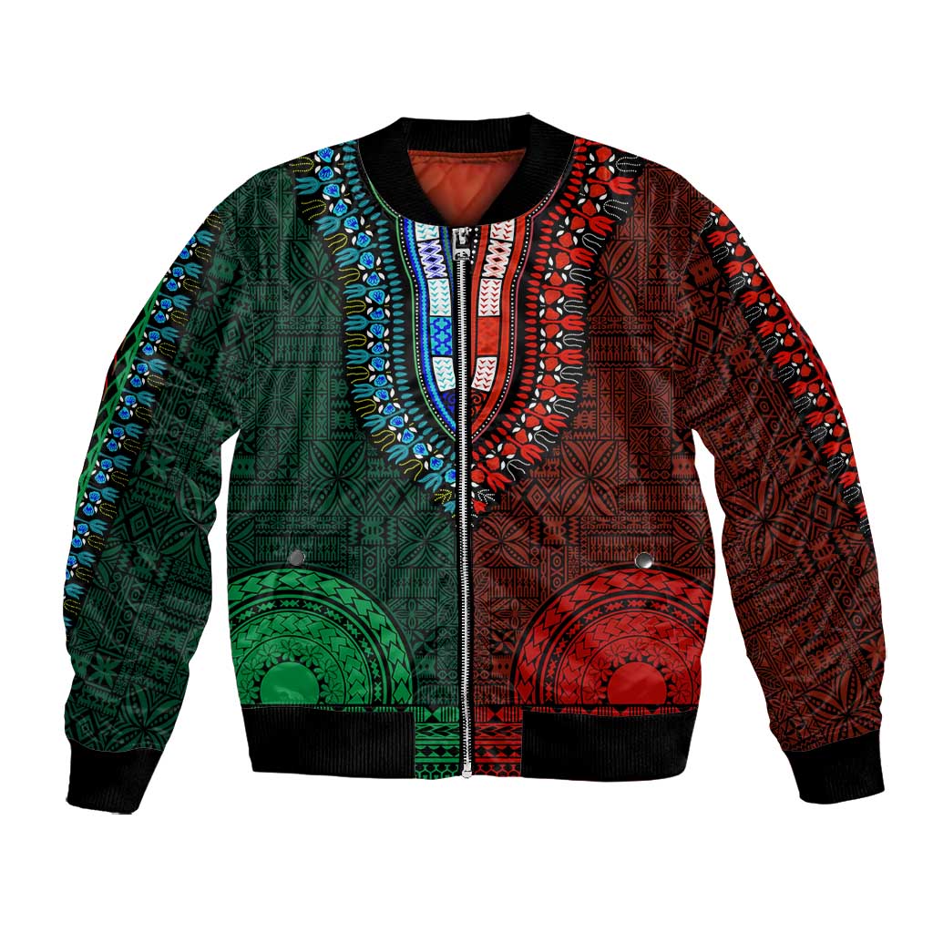 Green-red Dashiki and Tapa Pattern Bomber Jacket Africa-Polynesia Together Culture
