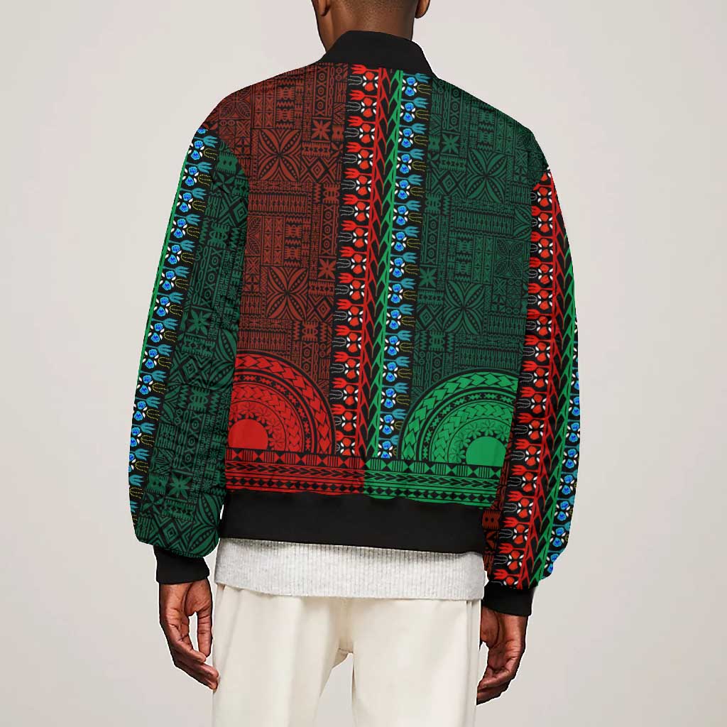 Green-red Dashiki and Tapa Pattern Bomber Jacket Africa-Polynesia Together Culture