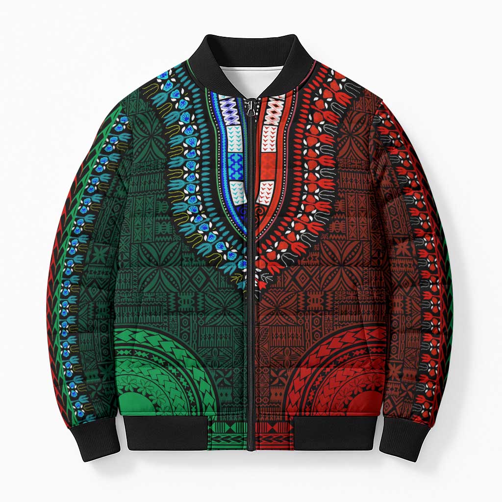 Green-red Dashiki and Tapa Pattern Bomber Puffer Jacket Africa-Polynesia Together Culture