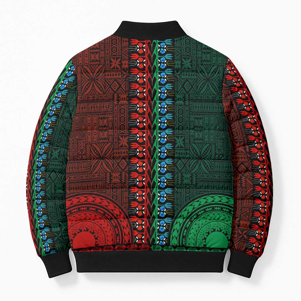 Green-red Dashiki and Tapa Pattern Bomber Puffer Jacket Africa-Polynesia Together Culture