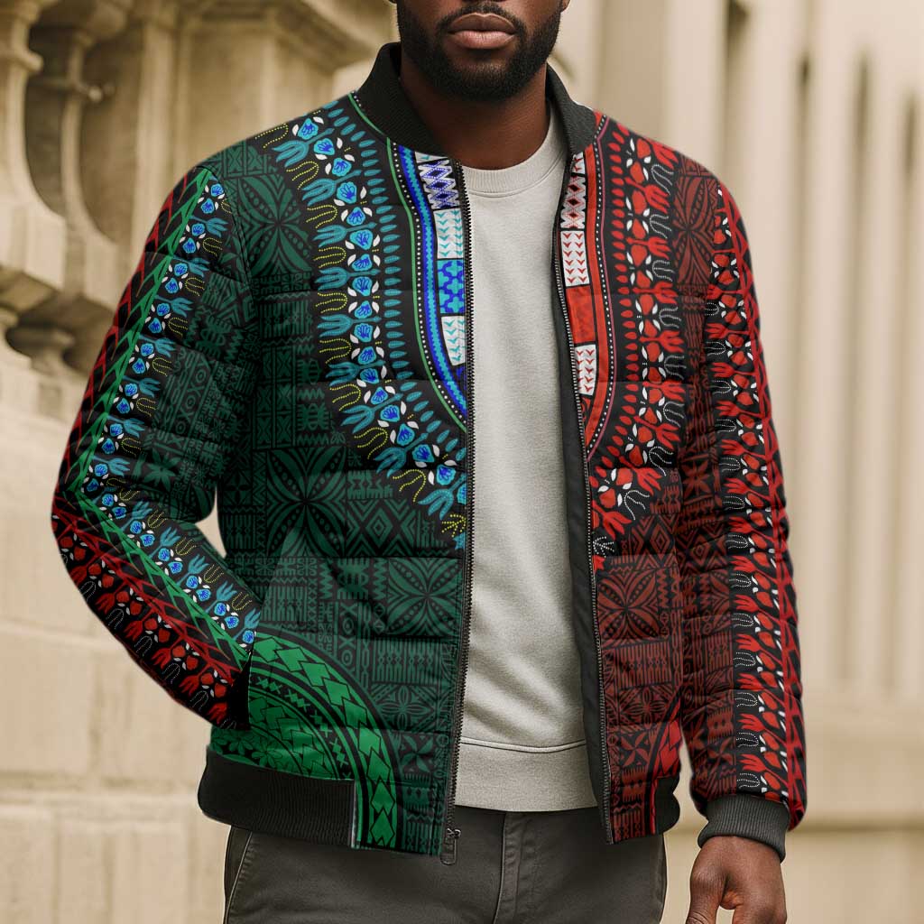 Green-red Dashiki and Tapa Pattern Bomber Puffer Jacket Africa-Polynesia Together Culture