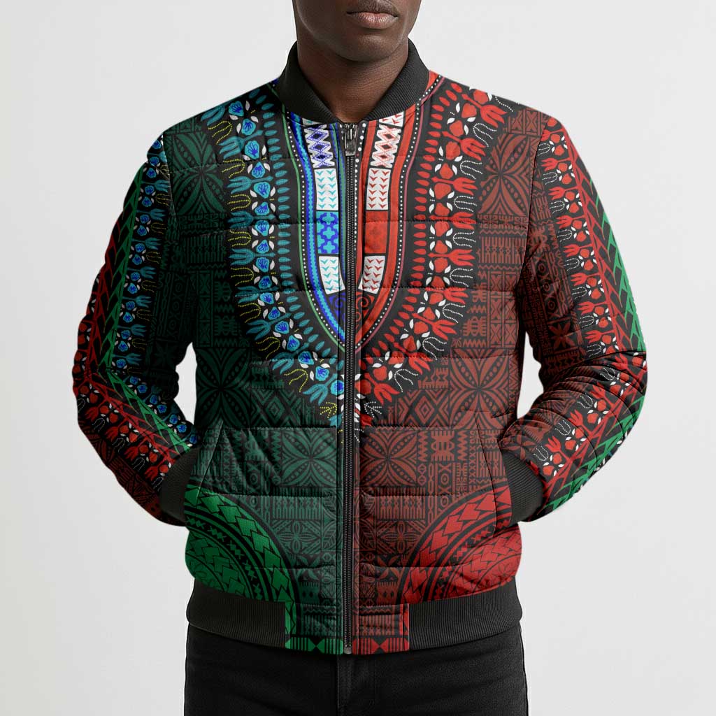 Green-red Dashiki and Tapa Pattern Bomber Puffer Jacket Africa-Polynesia Together Culture